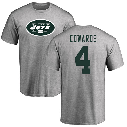 New York Jets Men Ash Lac Edwards Name and Number Logo NFL Football #4 T Shirt